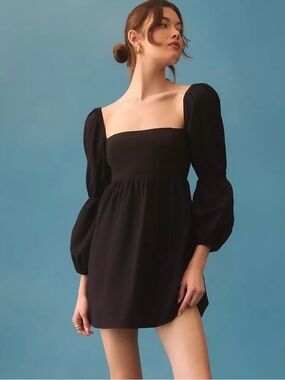 Reformation Michaela Organic Cotton Black Square-Neck Puff Sleeve Babydoll Mini